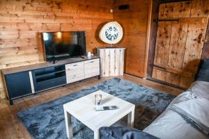 ein Wohnzimmer mit einem Sofa, einem TV und einem Tisch in der Unterkunft Haus Prantl in Gallzein