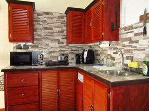 a kitchen with wooden cabinets and a sink at Cozy 1 bed Apt 2B in Rockley near American Embassy in Bridgetown