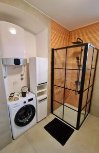 a small kitchen with a washing machine and a washer at Apartman Noa in Jušići