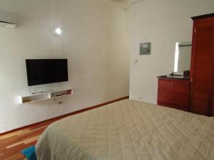 a bedroom with a bed and a tv on the wall at Cozy 1 bed Apt 2B in Rockley near American Embassy in Bridgetown