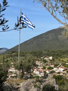a flag on top of a hill with a town at Ονειρεμένο διαμέρισμα Ν1 in Theologos
