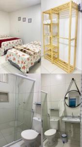 three pictures of a bedroom with a bed and a bathroom at pousada beira mar suites São Bento in Maragogi