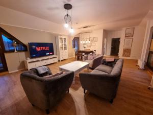 uma sala de estar com dois sofás e uma televisão em Andinas FeWo - Wunderschöner Ausblick auf den See em Olpe
