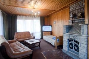 uma sala de estar com um sofá e uma lareira em Janosik em Kluszkowce