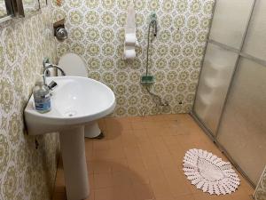 a bathroom with a sink and a shower at Pousada Luar da Canastra in Piauí