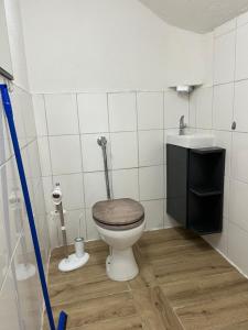 a bathroom with a toilet and a sink at Monteurzimmer bei EnergyFreund in Knetzgau