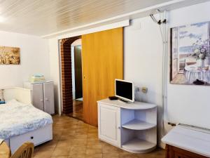 a bedroom with a bed and a desk with a computer on it at Apartmaji Marinka Hodnik in Bohinj
