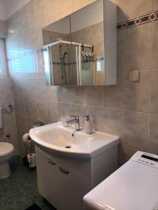 een badkamer met een wastafel, een spiegel en een toilet bij Apartman Ita in Primošten
