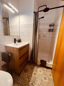 ein Bad mit einem Waschbecken und einer Dusche in der Unterkunft Mountain Lodge in Sankt Andreasberg