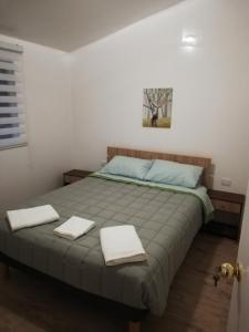 um quarto com uma cama com duas toalhas em Cabaña entre árboles Carretera Austral em Puerto Montt