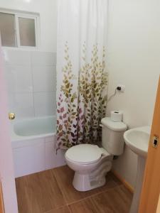 uma casa de banho com um WC, um lavatório e uma cortina de chuveiro em Cabaña entre árboles Carretera Austral em Puerto Montt