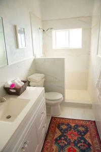 a bathroom with a toilet and a sink and a mirror at Blue Love Point 3BR home in Gregory Town