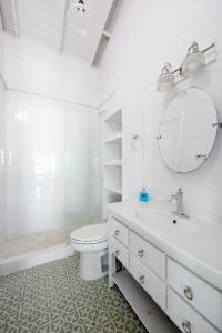 a bathroom with a toilet and a sink and a mirror at Palm Bluff cottage in Gregory Town