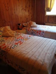 1 dormitorio con 2 camas y ventana en Hostal Flor del Meli, en Dalcahue