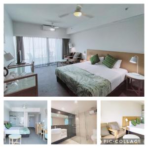 ダーウィンにあるDarwin Harbour Suiteのベッドとリビングルーム付きのホテルルームの写真2枚
