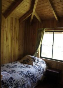 a bedroom with a bed in a room with a window at Cabañas-apartamentos Borde Río in Neltume