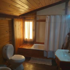 a bathroom with a toilet and a shower and a tub at Albaricoque in Tigre