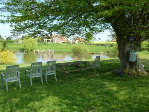 een picknicktafel en stoelen onder een boom naast een meer bij Gîte Bourbon-l'Archambault, 3 pièces, 4 personnes - FR-1-489-293 in Bourbon-lʼArchambault