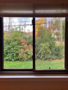 una ventana con vistas a un patio en Cozy Ranch by the Trail & Sleeping Giant en Hamden