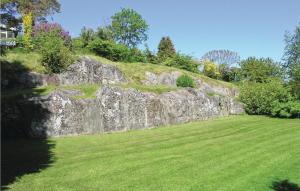 ein Grasfeld neben einer großen Felsformation in der Unterkunft Mlleparken in Gudhjem