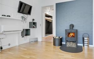 a living room with a fireplace and a tv at Imagine in Bedegård