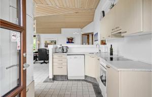 エーベルトフトにあるPet Friendly Home In Ebeltoft With Kitchenの木製の天井、白い家電製品付きのキッチン