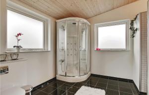 a bathroom with a shower and two windows at Awesome Home In Vinderup With Wifi in Vinderup