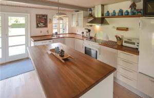cocina con encimera de madera y nevera en Beautiful Home In Broby With 2 Bedrooms And Wifi, en Brobyværk