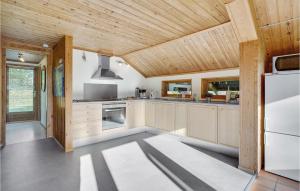a kitchen with wooden ceilings and a white refrigerator at Holiday Home Strandtoften Kirke Hyllinge Iii in Sæby +16 photos