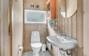 a bathroom with a white toilet and a sink at Blåmejsen in Snogebæk