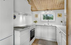 a white kitchen with a sink and a stove at Blåmejsen in Snogebæk