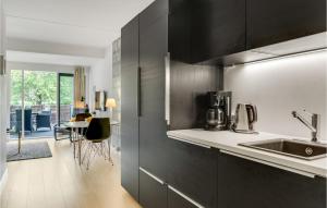 cocina con armarios negros y encimera blanca en Beautiful Apartment In Helsingr With Wifi, en Helsingør