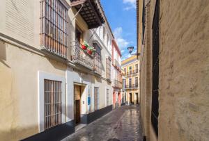 an empty alley with buildings and flowers on the balcony at La Casa del Conde de Gelves Apartments in Seville