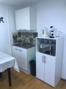 a small kitchen with white cabinets and a microwave at Tiny House con Tinaja Adicional in Ranco