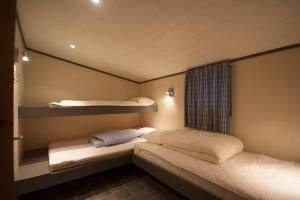 2 Etagenbetten in einem kleinen Zimmer mit Fenster in der Unterkunft Fjordcamp in Kråkberget