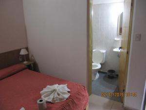 a bedroom with a bed and a bathroom with a toilet at Posada A Lo De Santys in Villa Independencia