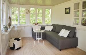 a living room with a gray couch and windows at Two-Bedroom Holiday Home In Gilleleje in Gilleleje +10 photos