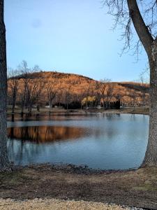a lake with trees and a hill in the background at Cozy Ranch by the Trail & Sleeping Giant in Hamden