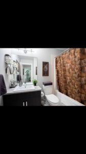 ein Bad mit einem Waschbecken, einem WC und einer Dusche in der Unterkunft Cozy and beautiful 3 bedroom house close to lake in Edmonton