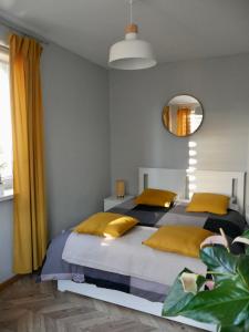 sypialnia z 2 łóżkami z żółtymi poduszkami i lustrem w obiekcie Apartamenty Pod Hutą w Węgierskiej Górce