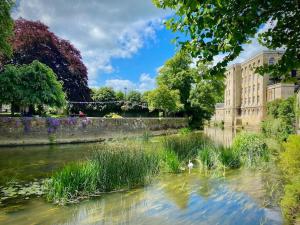 a river in a park with a building and trees at Period apartment, great views, in heart of town. in Bradford on Avon
