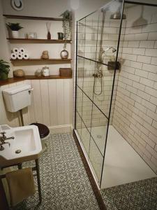a bathroom with a shower and a toilet and a sink at Period apartment, great views, in heart of town. in Bradford on Avon
