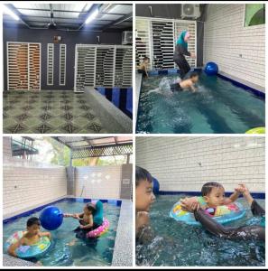 quattro foto di un bambino che gioca in piscina di Homestay Kuala Kangsar Private Pool a Kuala Kangsar