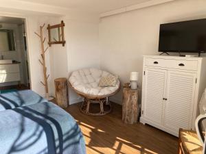 a bedroom with a bed and a chair and a flat screen tv at Bed,Kitchen and Swimming Pool Villa Esterel in Saint-Raphaël