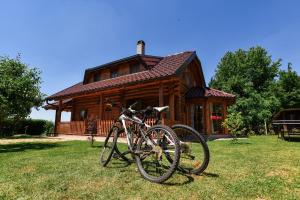 ein Fahrrad, das vor einem Blockhaus geparkt ist in der Unterkunft Hazelnut Pool House - Happy Rentals in Ludbreg