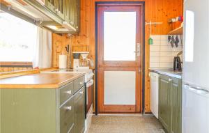 eine Küche mit grünen Schränken und einer Schiebetür in der Unterkunft Awesome Home In Aakirkeby With Kitchen in Vester Sømarken