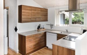 Amazing Home In Storvorde With Wifi في Egense: مطبخ بدولاب خشبي ومغسلة