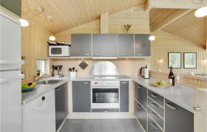 a kitchen with stainless steel appliances and wooden ceilings at Holiday Home Soløjevej in Marielyst