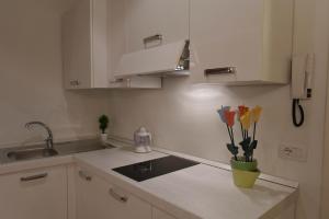 ルッカにあるYOURHOMEINLUCCA Le Volteの白いキャビネット、シンク、調理器具付きのキッチン