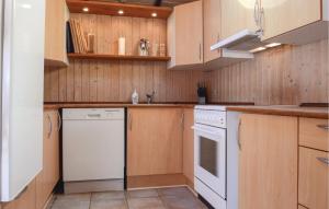 a kitchen with white appliances and wooden cabinets at Three-Bedroom Holiday Home In Hejls in Hejls +8 photos